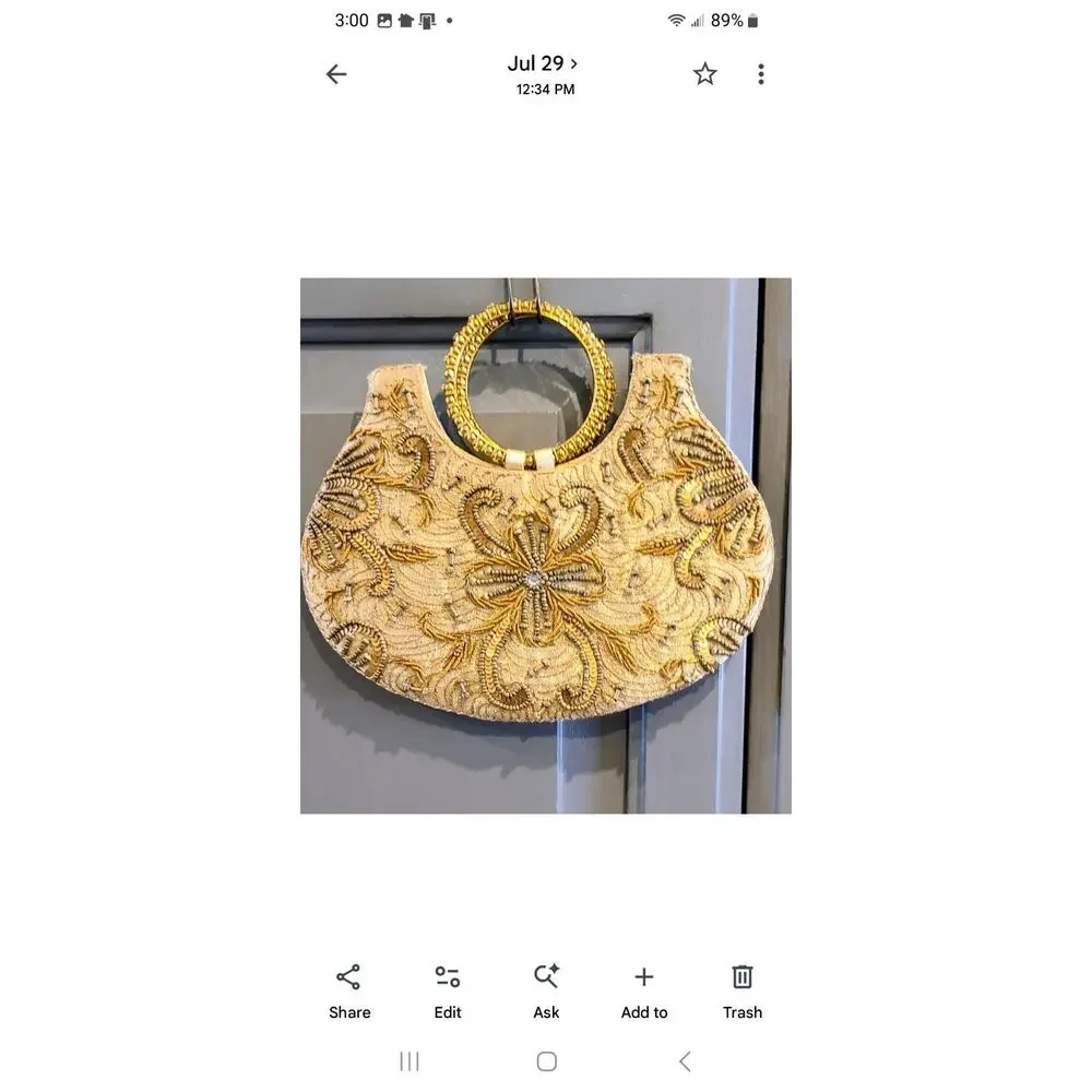 Beaded Embroidered Purse Clutch Gold Bronze Half Moon Shape